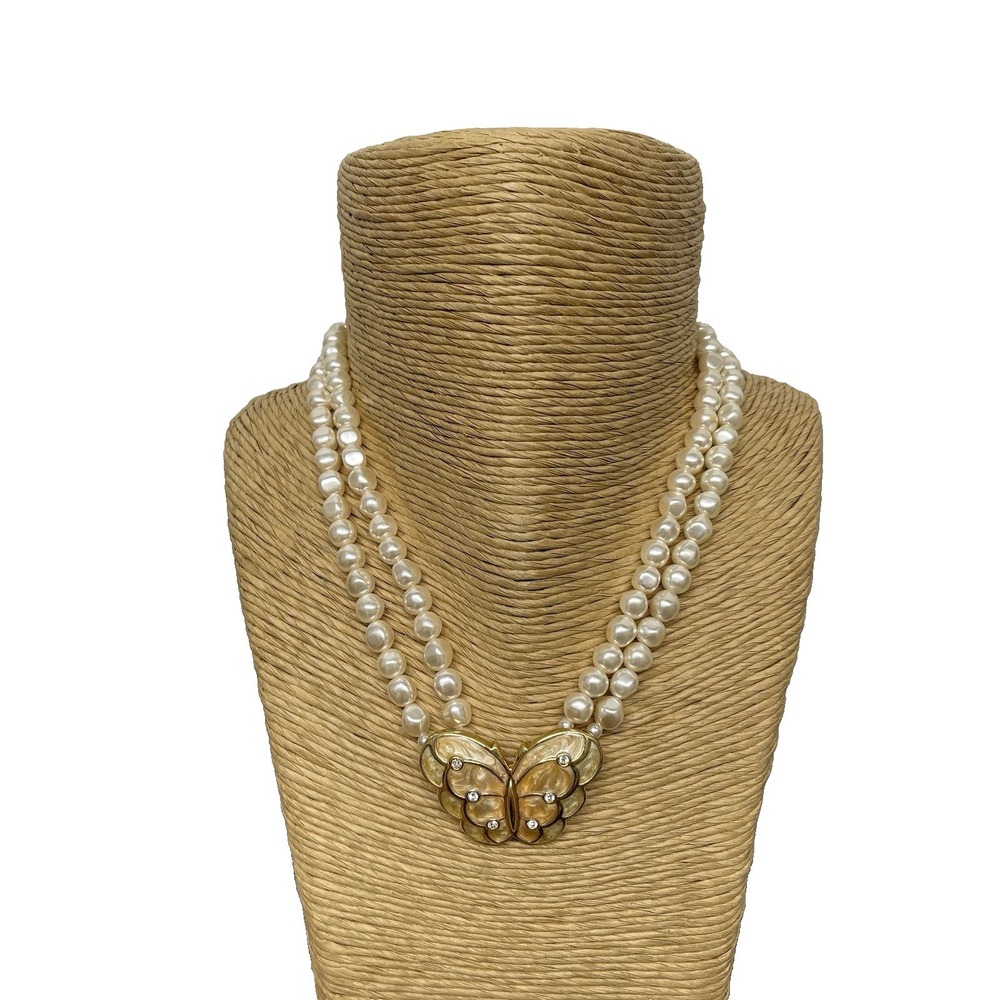 Kenneth Jay Lane Avon Faux Pearl Double Strand Enameled Butterfly Necklace Vtg